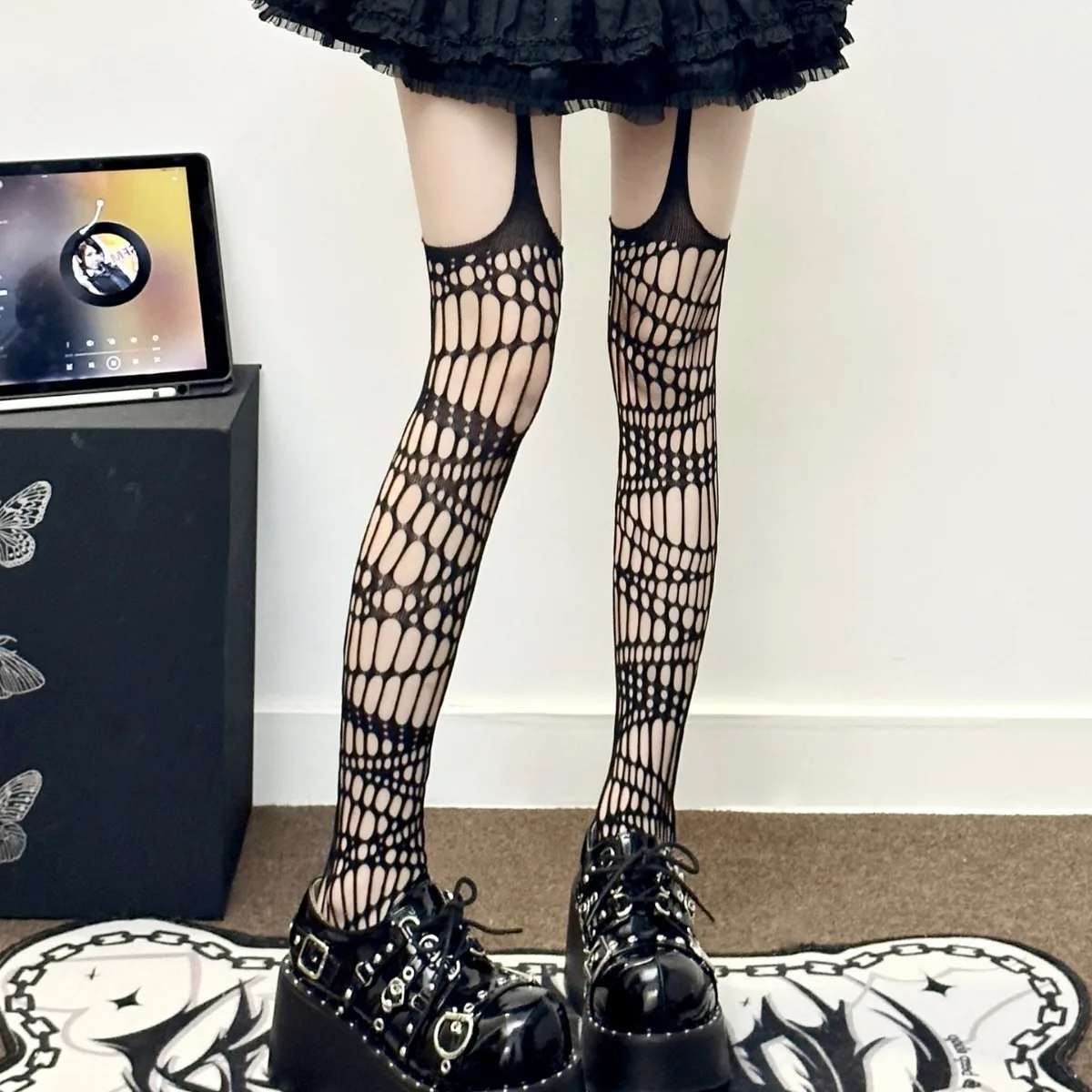 2026New Lolita Hollowed Out Mesh Stockings Japanese Dark Black Punk Suspender Socks Girl's Y2K Ultra-thin Pantyhose Long Socks