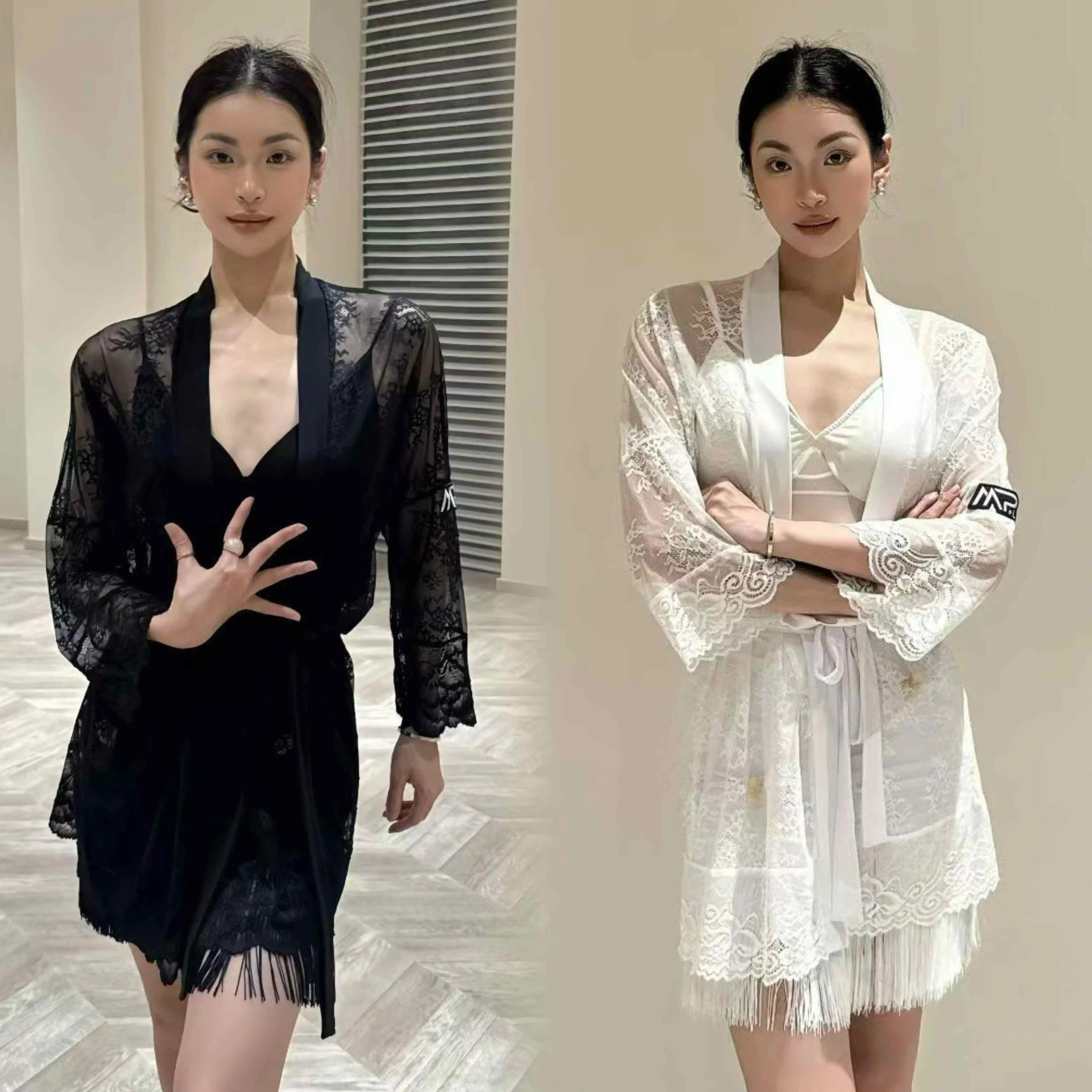 

Latin Dance Clothes Black White Lace Coat Women Long Sleeves Cardigan Adult Rumba Samba Latin Dance Practice Clothing DNV25409