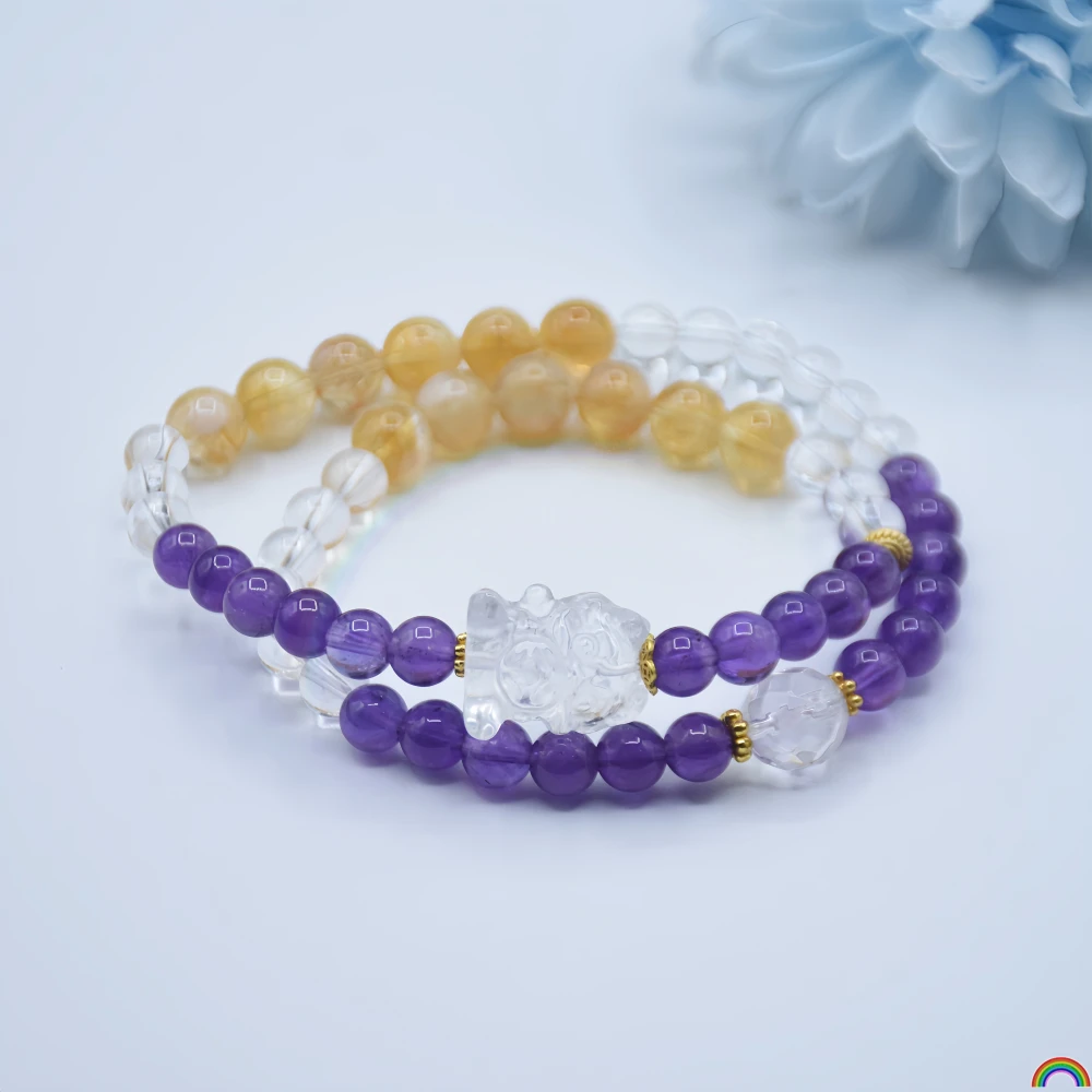 Natural topaz and amethyst double-circle bracelet, white crystal gold-swallowing beast charm double-ring wall bracelet, Rwbuy