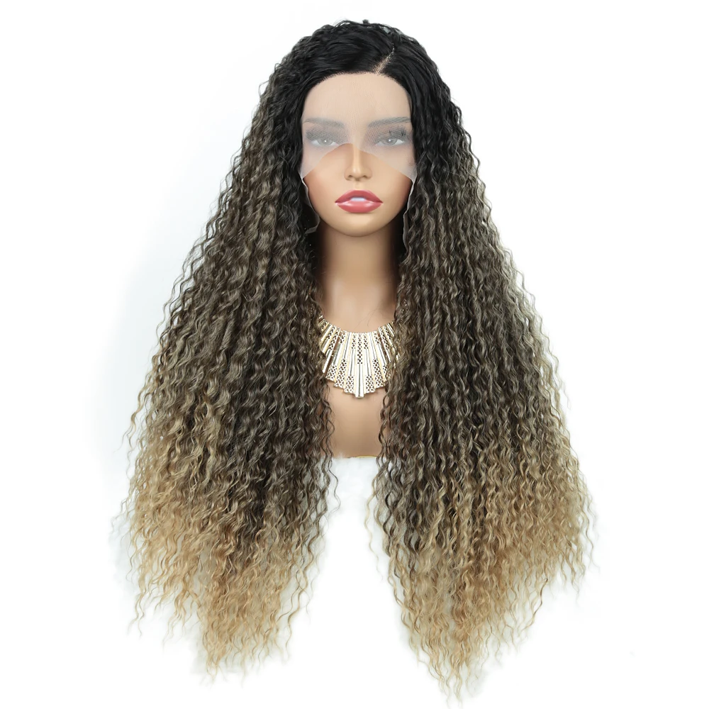 Synthetic Lace Front Wigs For Women 28 Inch Long Ombre Blonde Brown Deep Wave Wavy Wig Lace Wig Curly Hair Cosplay Wig