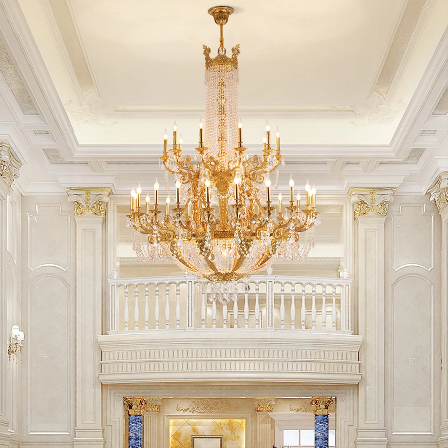 French Royal Luxury Crystal Villa Living Room Banquet Hall Indoor Big Chandelier Hotel Duplex Dining Room Brass Pendant Light