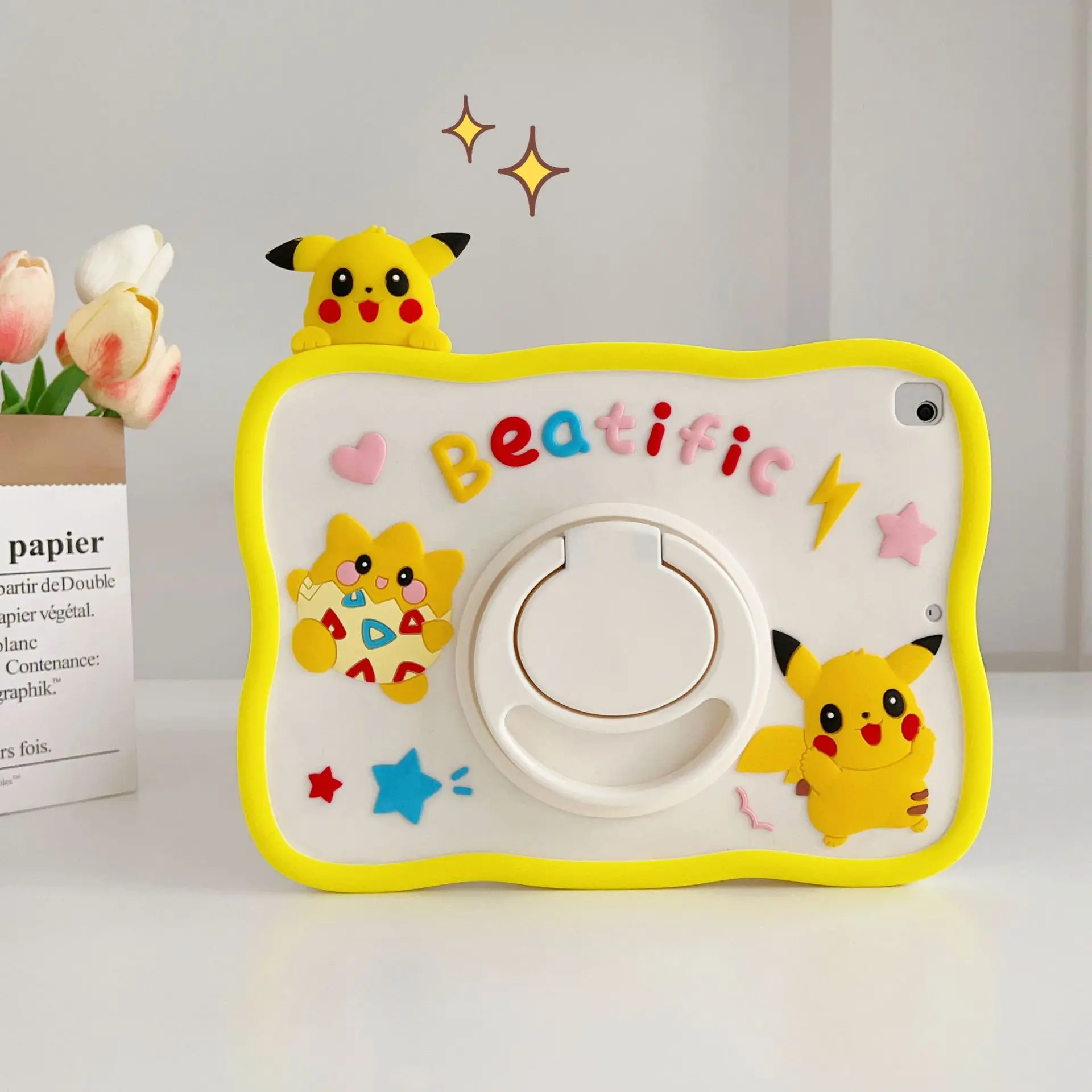 Cartoon Pikachu Tablet Cover For iPad 9th 8th 7th 10th Gen Air 5 4 10.9 5th 6th Mini 6 Pro 11 360 Rotating Stand Silicone Case