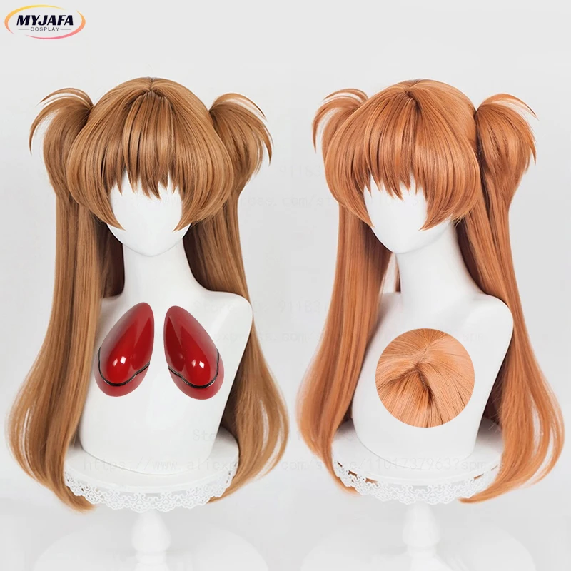 Hochwertige Anime EVA Asuka Langley Soryu Cosplay Perücke 68 cm Orange Braun Abnehmbare Pferdeschwänze Hitzebeständige Haarperücken + Perückenkappe