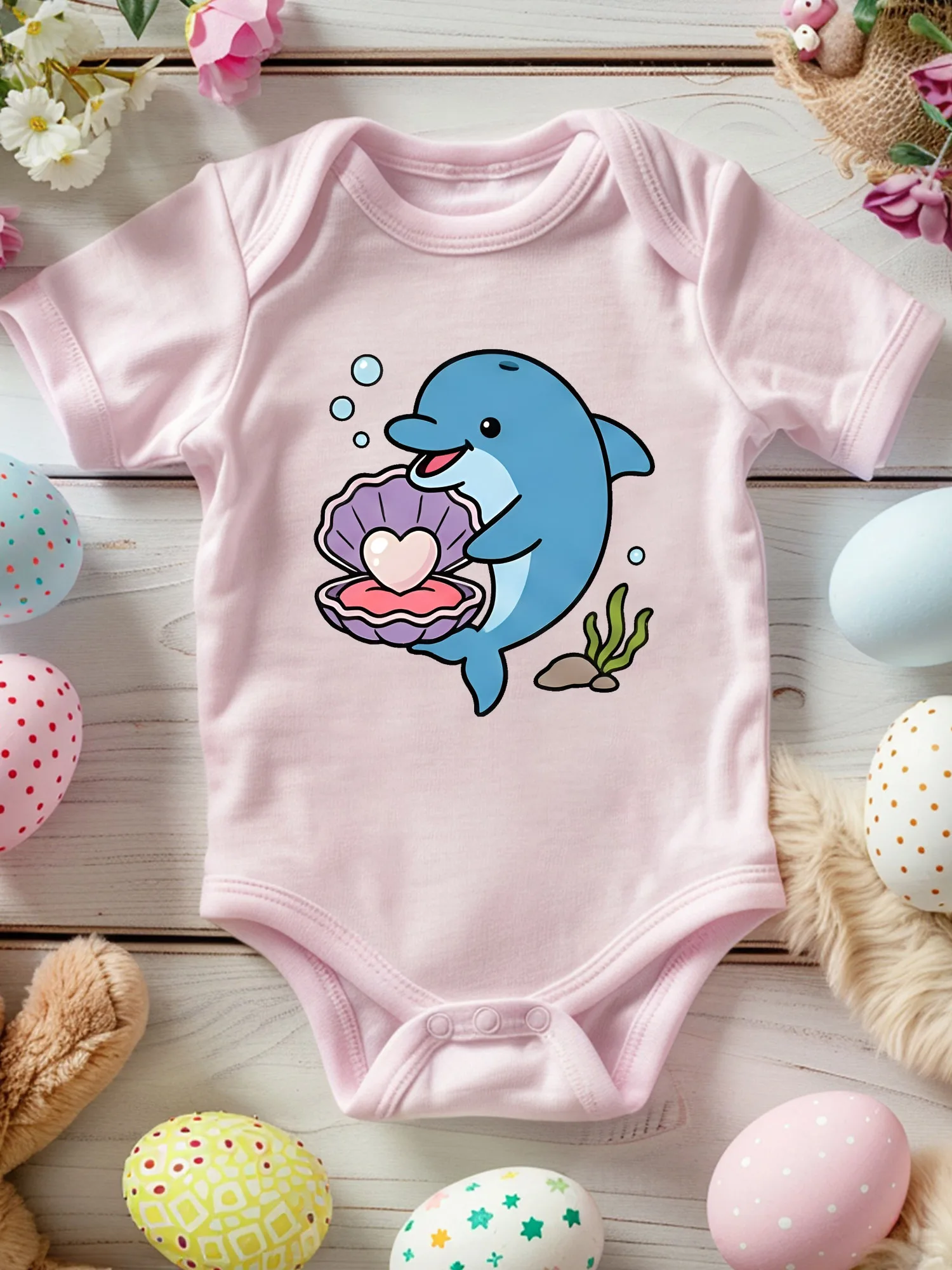 

Pearl Oyster And Dolphin Unisex Baby Crawling Suit, 100% Cotton Soft Onesie, All-Season Wear Pink Bodysuit 190GSM