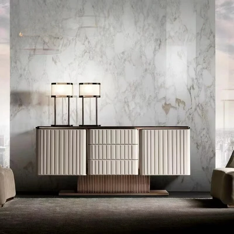 Luxury Fluted Sideboard Buffet Cabinet Rose Gold Trim Marble Plywood Storage Credenza with Drawers for Living Room Hotel