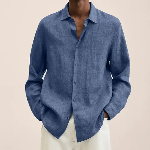 Imagen 2 del producto Camisa de lino Simple para hombre primavera otoño nueva camisa holgada de manga larga con botones de solapa de Color sólido