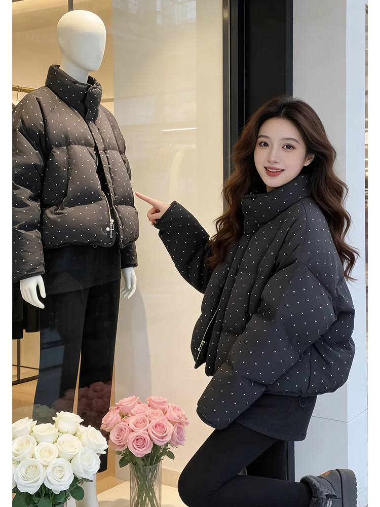 

Fashionable Thickened High-End Polka Dot Grey Cotton Jacket Women's Winter New Style Stand Collar Versatile Casual Cotton Coat