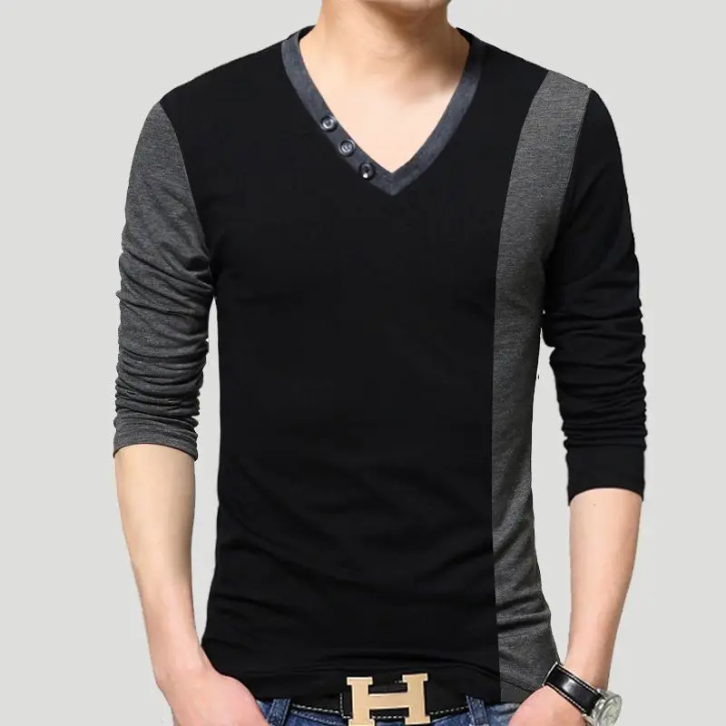 2023 Spring and Autumn Fashion V-neck Button Geometric Panel Contrast Color Long Sleeve Casual Versatile Men's Oversized T-shirt
