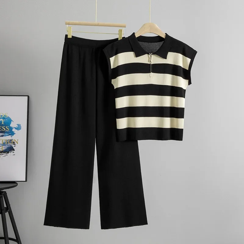 

Pant Sets Women Two Piece Knit Top Striped Sleeveless Turn Down Collar Pullovers Zipper Midi Waist Long Pants Straight Casual