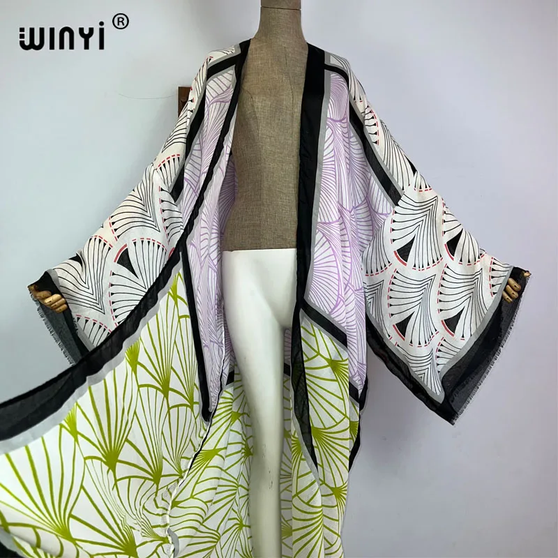 WINYI-kimono con estampado de verano para mujer, caftán de playa elegante, cárdigan sexy, abrigo africano, trajes de playa, Vestido largo de plumón, 2023