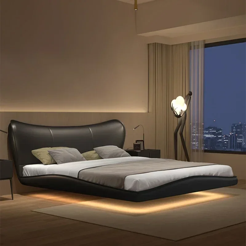 Italian Minimalist Suspension Bed Modern Minimalist Water Wave Silent Style Leather Master Bedroom Double Bed 2023 New