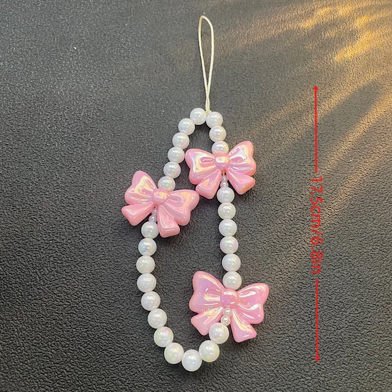 Cadena de teléfono de diseño original |   Cadena rosada del teléfono del arco de la perla, cadena CCD del teléfono del grano de la muchacha para el encanto lindo del teléfono del iPhone 17 16