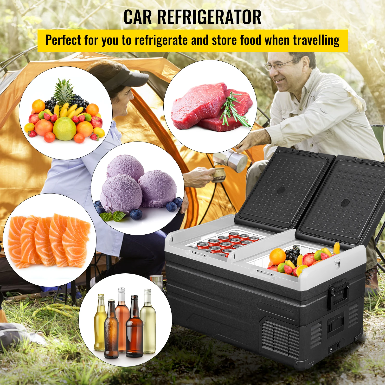 VEVOR 12 Volt 80 Quart Car Refrigerator Dual Door Chest Refrigerator for Truck Vehicle RV Boat Outdoor & Home Use