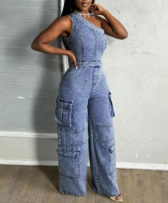 بدلة قفز ذات ياقة مائلة وكتف واحد بتصميم عالي الخصر وسحاب جانبي مستقيم الساق للنساء بذلة عالية الشارع العصرية #5