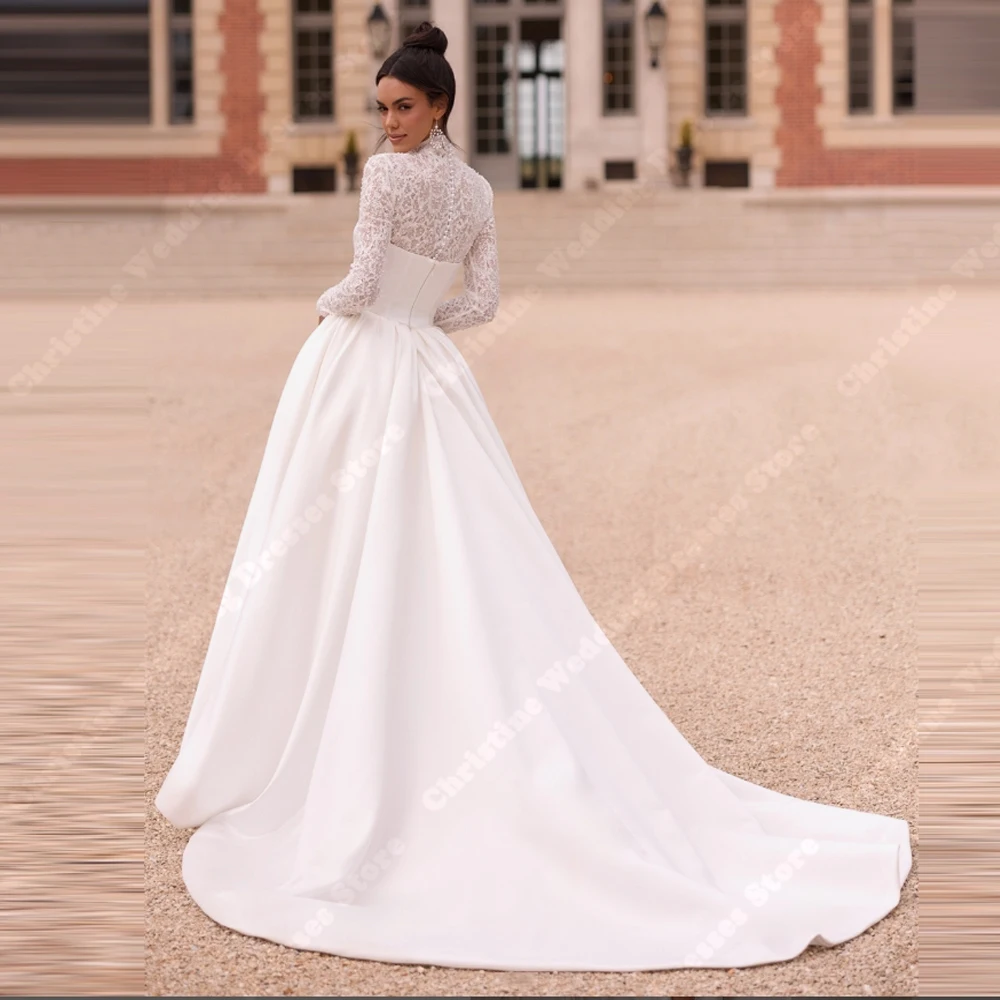 Suknie ślubne damskie z wysokim kołnierzem, seksowne, długie koronkowe rękawy, linia A, suknie ślubne do ziemi, bankietowe Vestidos De Novias, szyte na miarę