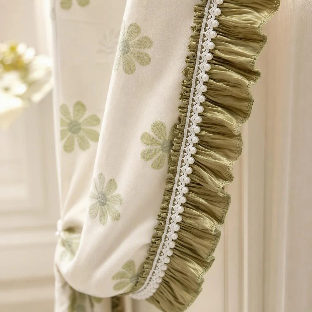 French Green Daisy Floral Curtain With Ruffle Trim Pearl Lace, Cottage Style Semi Sheer Window Drapes