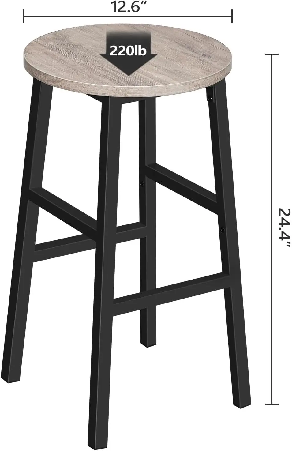 Conjunto de 2 bancos de bar industriais com apoio para os pés, altura de 24,4 polegadas, fácil montagem para cozinha e sala de jantar