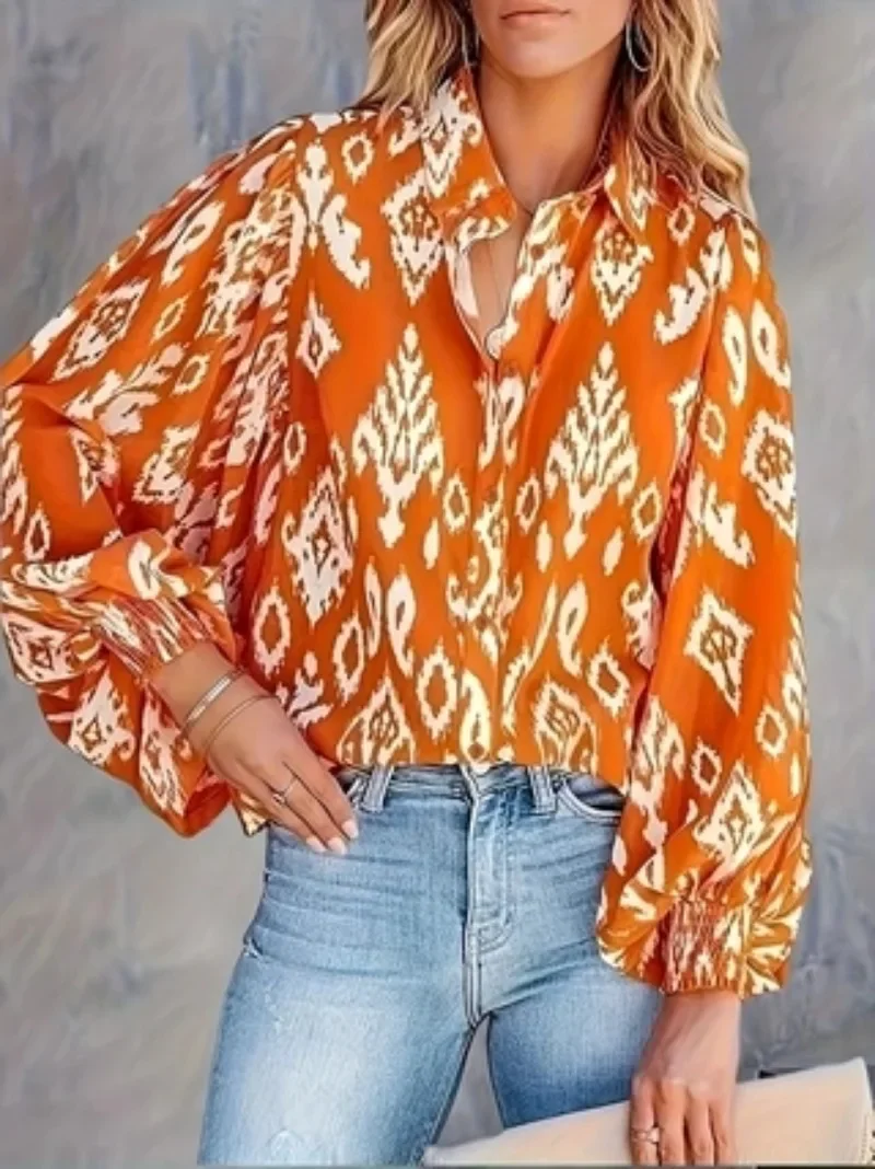 Damska koszula Plus Size 1XL-5XL Popularny top Modna, swobodna, pomarańczowa latarnia z długim rękawem i nadrukiem Modna, wszechstronna koszula