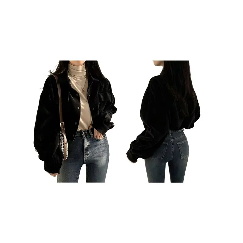 Women's Lapel Dual Pocket Cropped Corduroy Puff Sleeve Shirt Jacket Black S Eco-Friendly