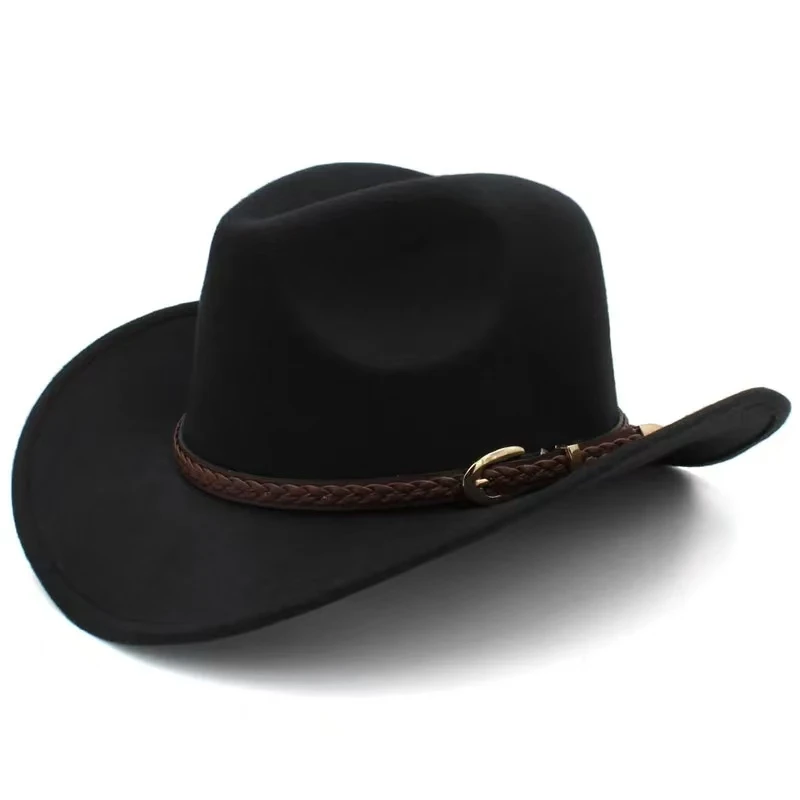 Coffee Leather Band Vintage Parent-child Women Men /Kid Child Wool Wide Brim Cowboy Western Hat Cowgirl Bowler Cap (56-58cm)