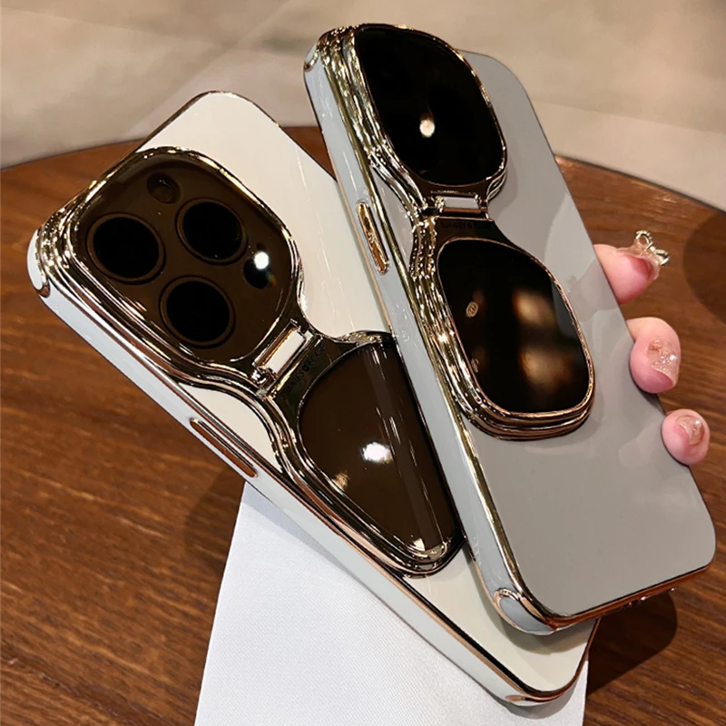 Plating Sunglasses Bracket Stand Case For iPhone 15 Pro Max 14 13 12 Silicone Shockproof Folding Camera Protection Holder Cover