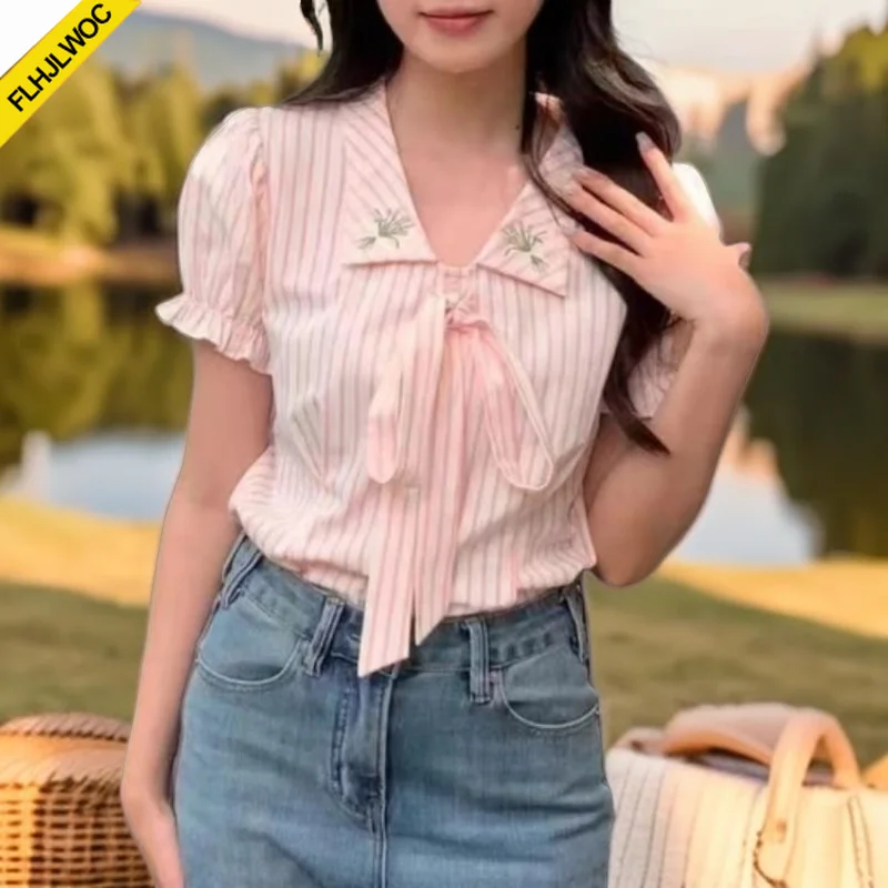 Blusa listrada rosa para mulheres, tops chiques de algodão do Japão e Coreia, estilo preppy de gravata borboleta, roupas doces fofas, verão