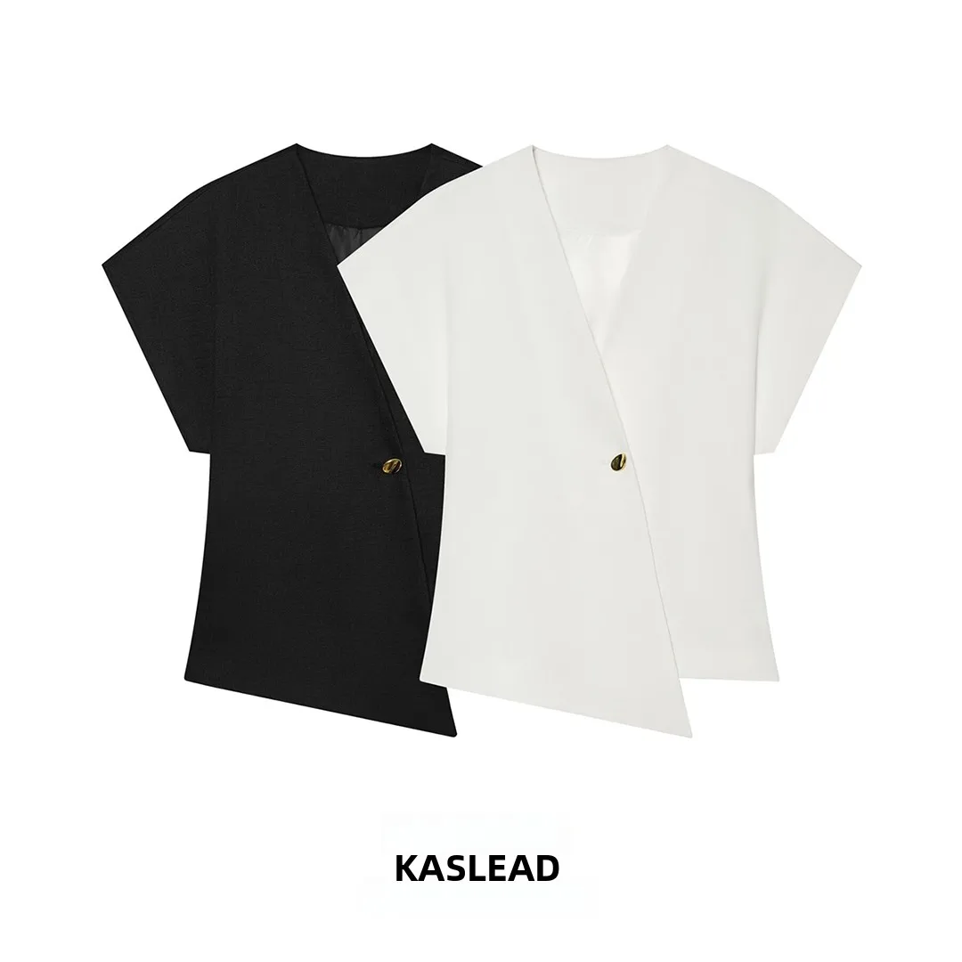 

KASLEAD New Women's Fashion Short Sleeve One Button Waist Cinching Jacket Versatile Single Button Waist Inward Jacket