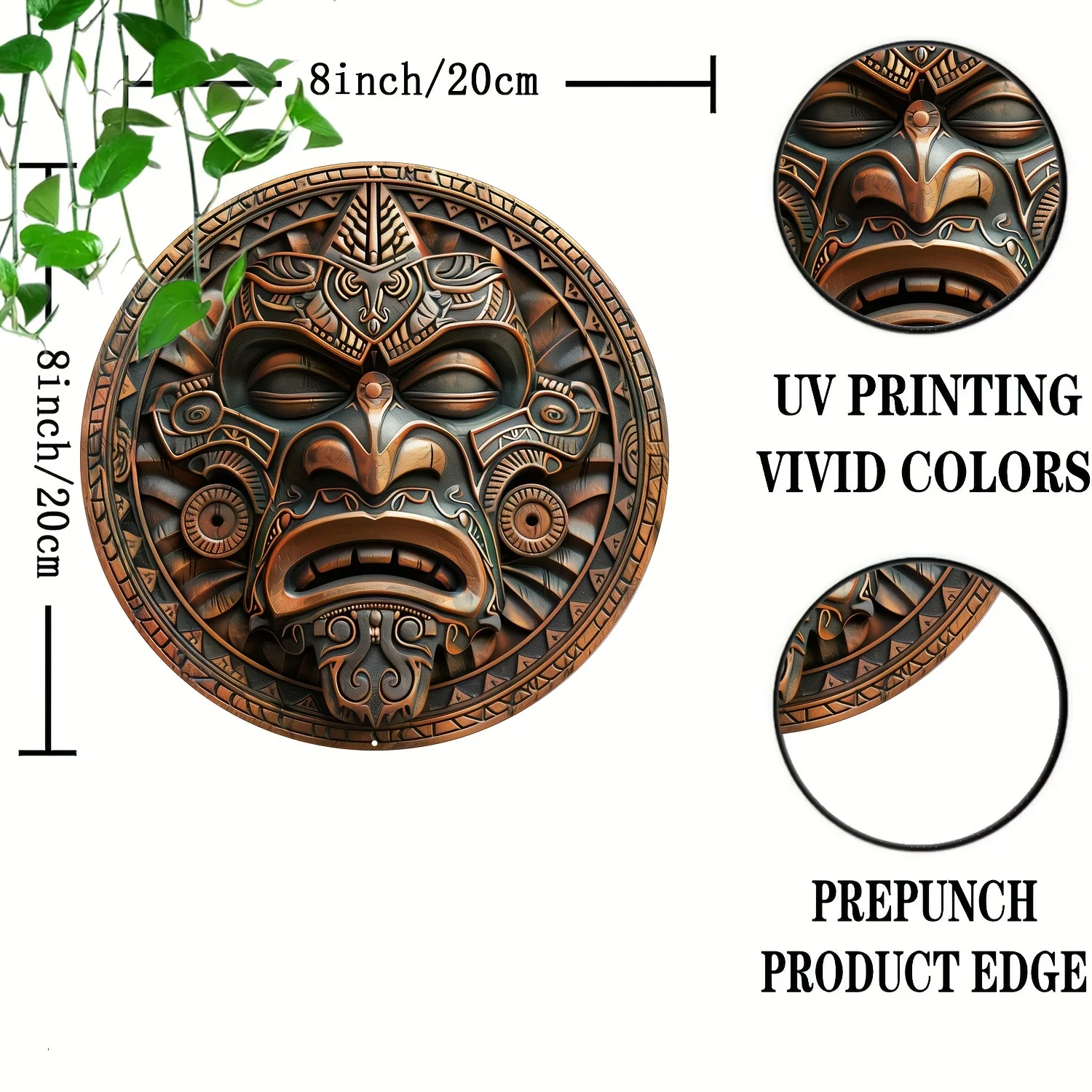 Aluminum Hawaiian Mask Wall Art, 3D Effect Native Theme Metal Round Sign, UV Printed High Durability Home Decor