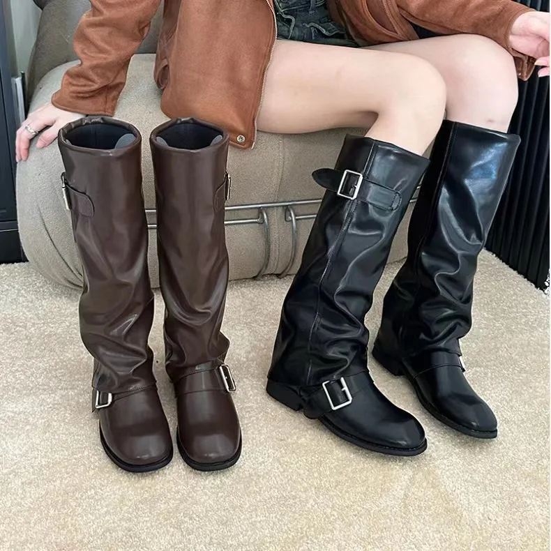 

Женские высокие сапоги выше колена, рыцарские сапоги в стиле вестерн с круглым носком, зимние сапоги из полиуретанового резинового материала на толстом каблуке на открытом воздухе