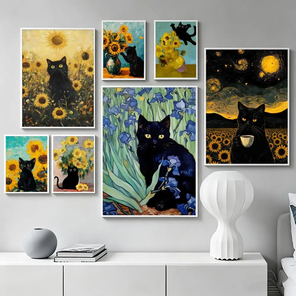 Art M-Monet Black Cat Van Gogh Sunflowers Poster Premium Art Wall Decor, Simple Ornament for Living and Leisure Areas