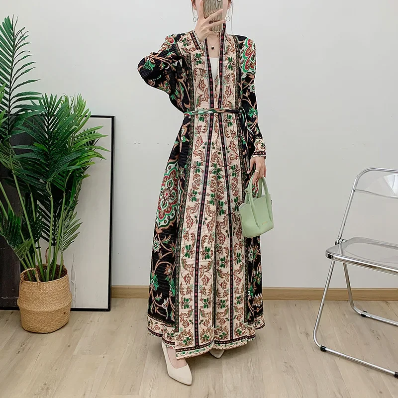 Pleats Pleated Robe Jacket Loose Muslim Robe Women Pressed Pleated Dress Evening Gown Women's Lace Up Jacket Women Clothing