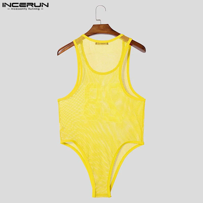 INCERUN 男性ボディスーツメッシュ透明パッチワーク O ネックノースリーブ男性タンクトップボディスーツ夏セクシーな 2025 ロンパースストリート