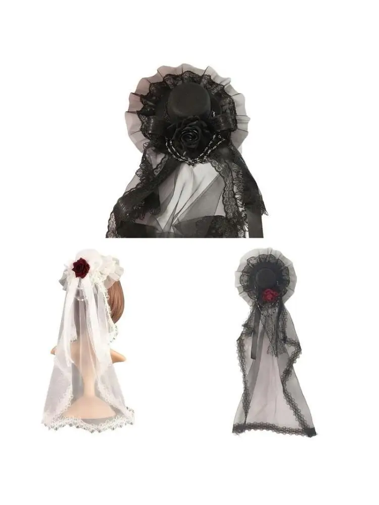 

652F Lace Bridal Veil Small Hat Hat Black Veil Baroque Hair Accessories Halloween Crown Gothic Headwear