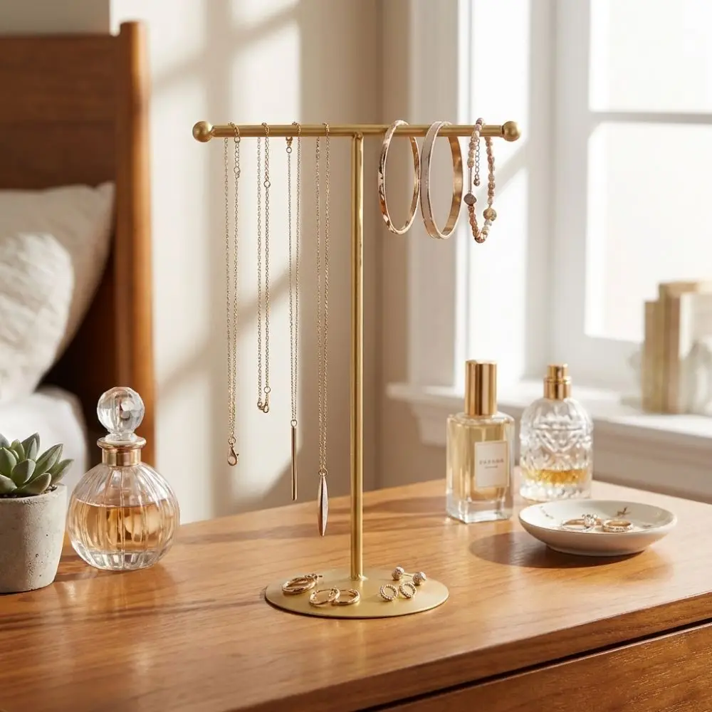 Metal Frame Jewelry Display Stand Horizontal Bar Round Base T-Shaped Stand Moisture-proof Single Layer Jewelry Storage Rack