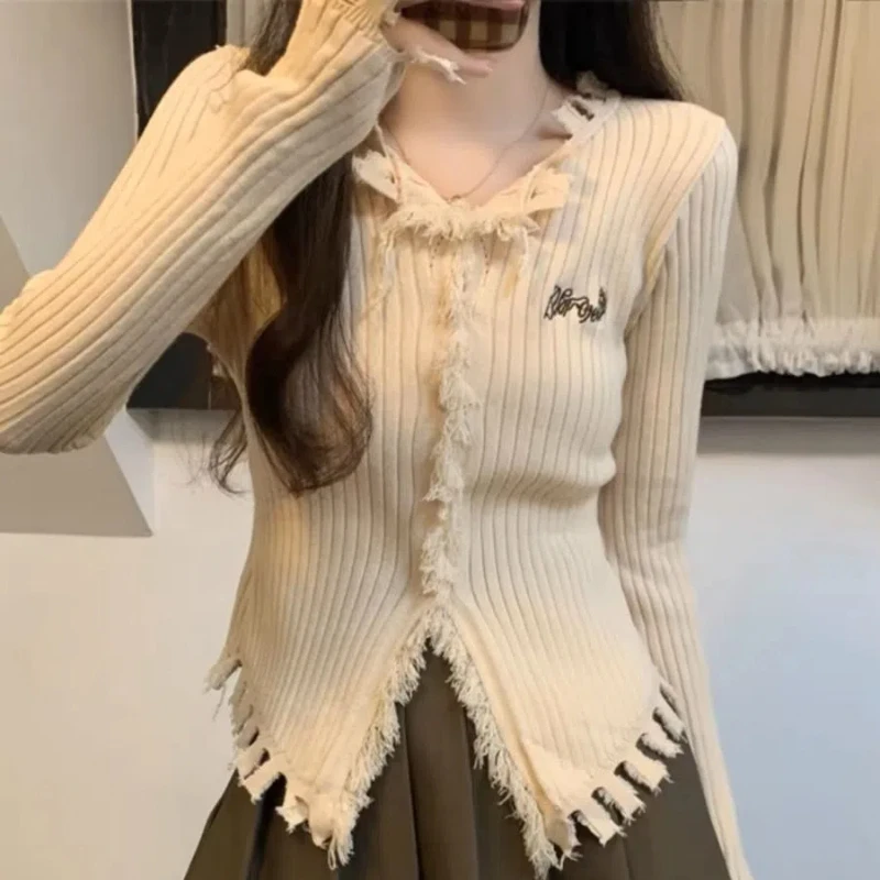 Milk Series Tassel Apricot Colored Knitted Base Shirt Women's Spring New Style Super Beautiful Unique and Chic Small Top