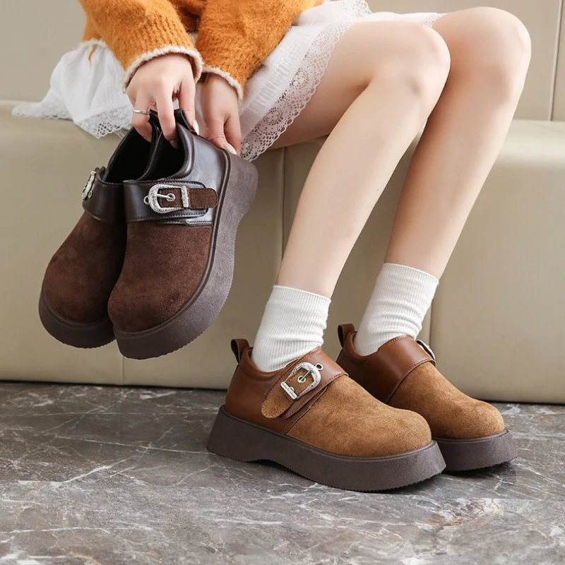

Ladies' Casual Shoes Retro Style Fashionable Solid Color Round Head Flat Thick-soled Versatile for Autumn and Winter Loafers