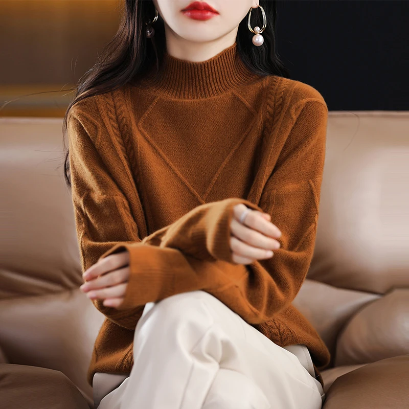 

New Fashion Autumn And Winter Pure Wool Sweater Top Women's Pullover Round Neck Solid Color Long Sleeve Warm Sweater-WRM018