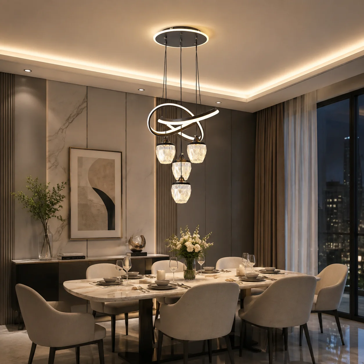 Modern Infinite Loop LED Chandelier, 4 Pineapple Shade Suspended Branch Chandelier, 3 Color Changing Modes, Adjustable Suspension Cord, Suitable for Bedroom, Living Room, and Dining Room Home Decoration Ceiling Lighting.