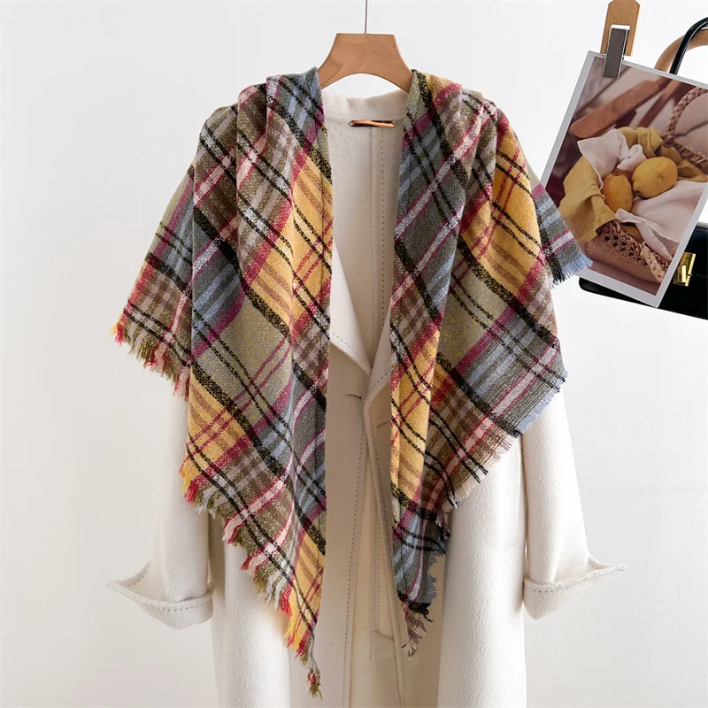 2024 New Fashion Color Block Classics Plaid Women Shawl Winter Warm Triangle Scarf Outdoor Scarves Wraps Stole