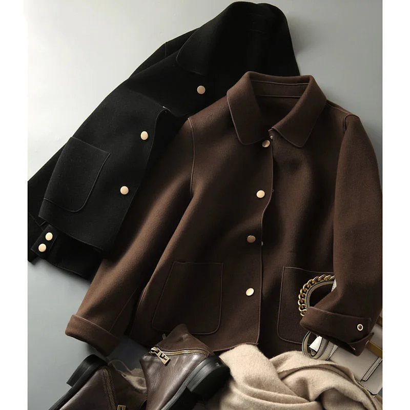 Women Wool Coat Jackets Woolen Overcoat Single Breasted Turn Down Collar Pockets Vintage Autumn Winter Office Lady Outerwear