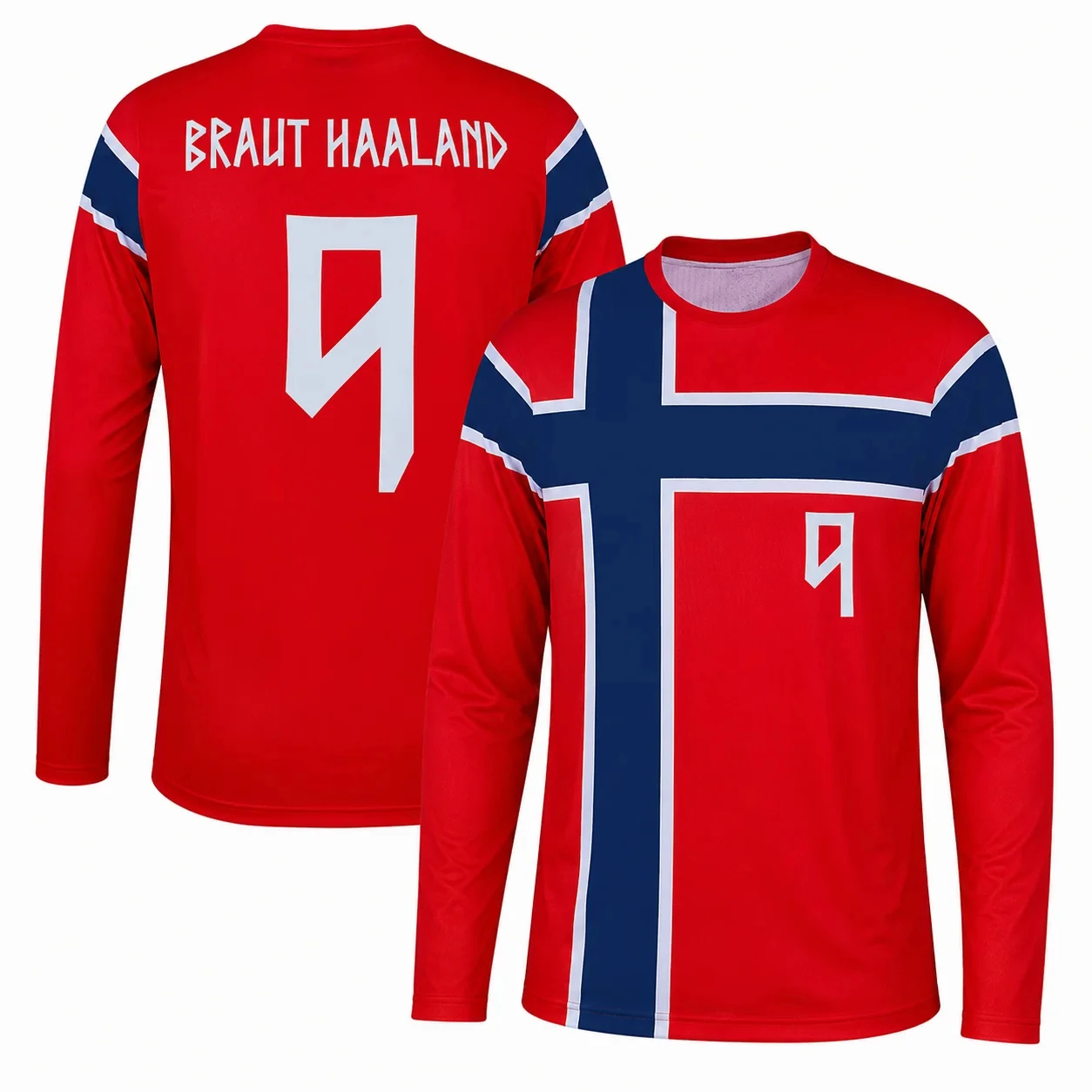 Men's Norway Flag Haaland No.9 Long Sleeve Soccer Jersey, 3D Print Braut Haaland Football Shirt, Breathable Quick Dry Sports Top
