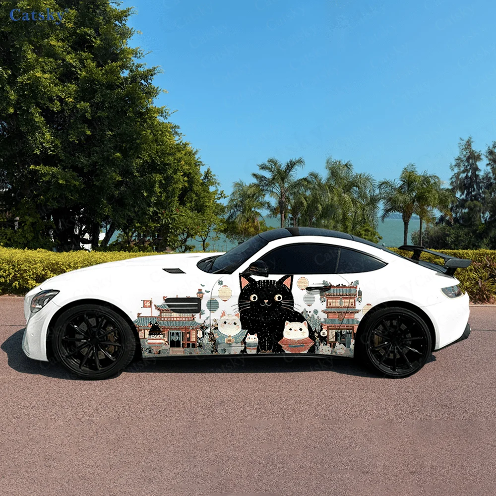 Cats Ancient Buildings Car Vinyl Wraps Decal Self-adhesive PVC Sticker Suitable for Trucks SUV Decoration Auto Accessories Gift