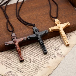 70cm Rope Cord Jesus Cross Necklace Crucifix Wood Pendant Necklaces for Men Woman Black Sweater Chain Religious Unisex Jewelry