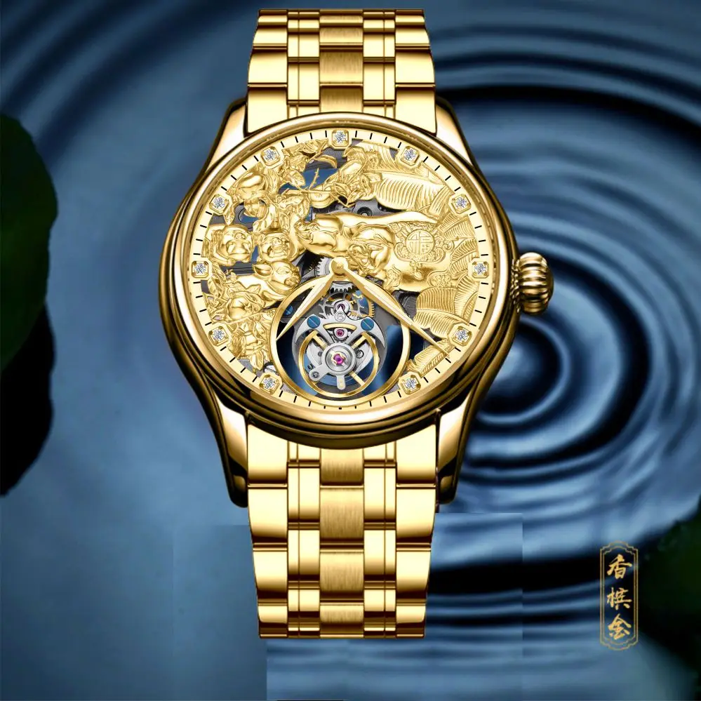 AESOP（7085G)Men Gold Tourbillon Mechanical Watch 3D Micro Carving Fortune Pig Skeleton Waterproof Luxury Business Wristwatch