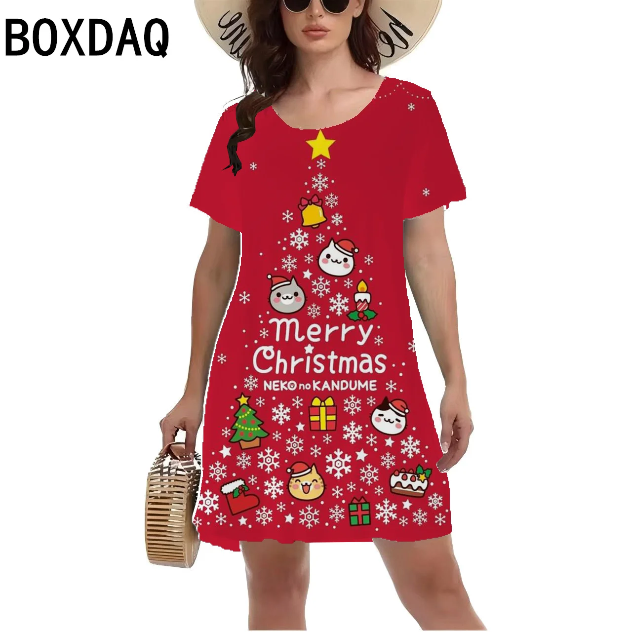 Elegant Fashion Christmas Element Print Dresses Big Size 3XLShort Sleeve O-Neck Casual A-Line Dress New Year Party Mini Dresses