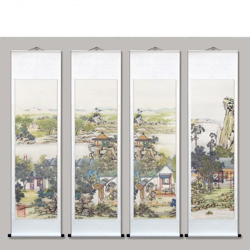 Ancient Style Palace Landscape, Pavilions, Landscape Paintings with Four Screens, Scroll Paintings, Living Room Hanging Poster