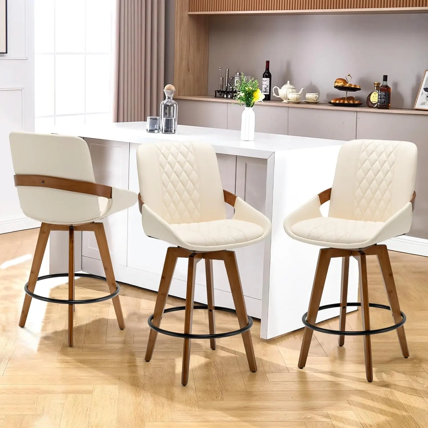 

Bar Height Bar Stools Set of 3, 26.3 Inch Mid Century Modern Swivel Bar Chairs, Faux Leather Upholstered and Walnut Wood Frame