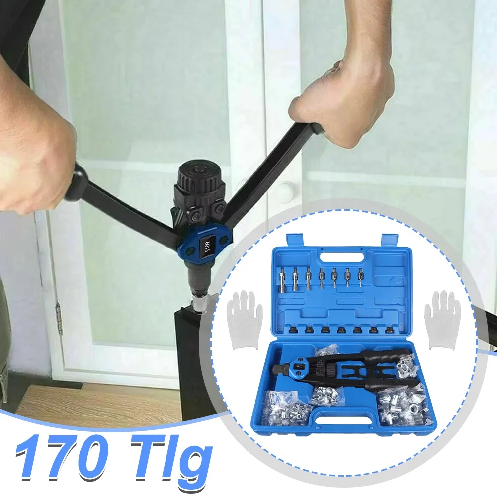Set di pinze per rivetti e dadi a rivetto da 170 pezzi – Pistola manuale per rivetti per M3, M4, M5, M6, M8, M10, M12, strumento per riparazioni pesanti, incluso. 7 punte metriche, scatola per il
