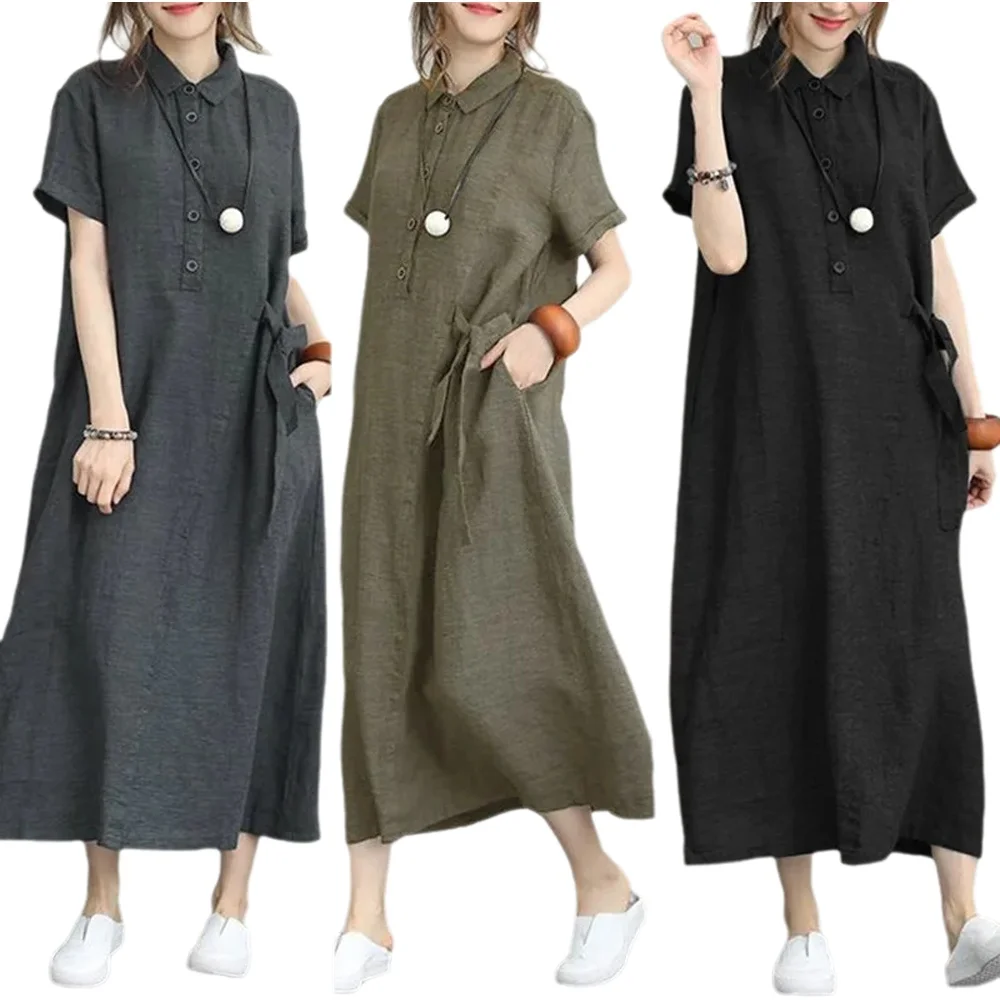 Womens Plus Size Linen Shirt Dress Collared Short Sleeve Midi Dress Summer Casual Flowy Tunic Dress