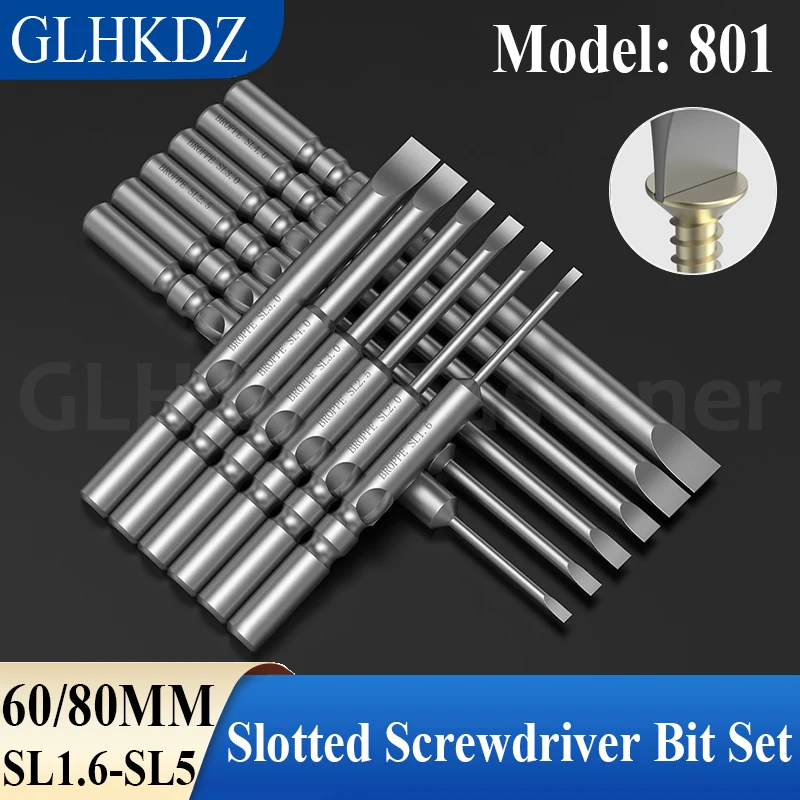 

60/80mm 801 Electric Flat Head Screwdriver Bit Set 5mm Round Shank Slotted Electric Screwdriver Bit Magnetic Driver Bits